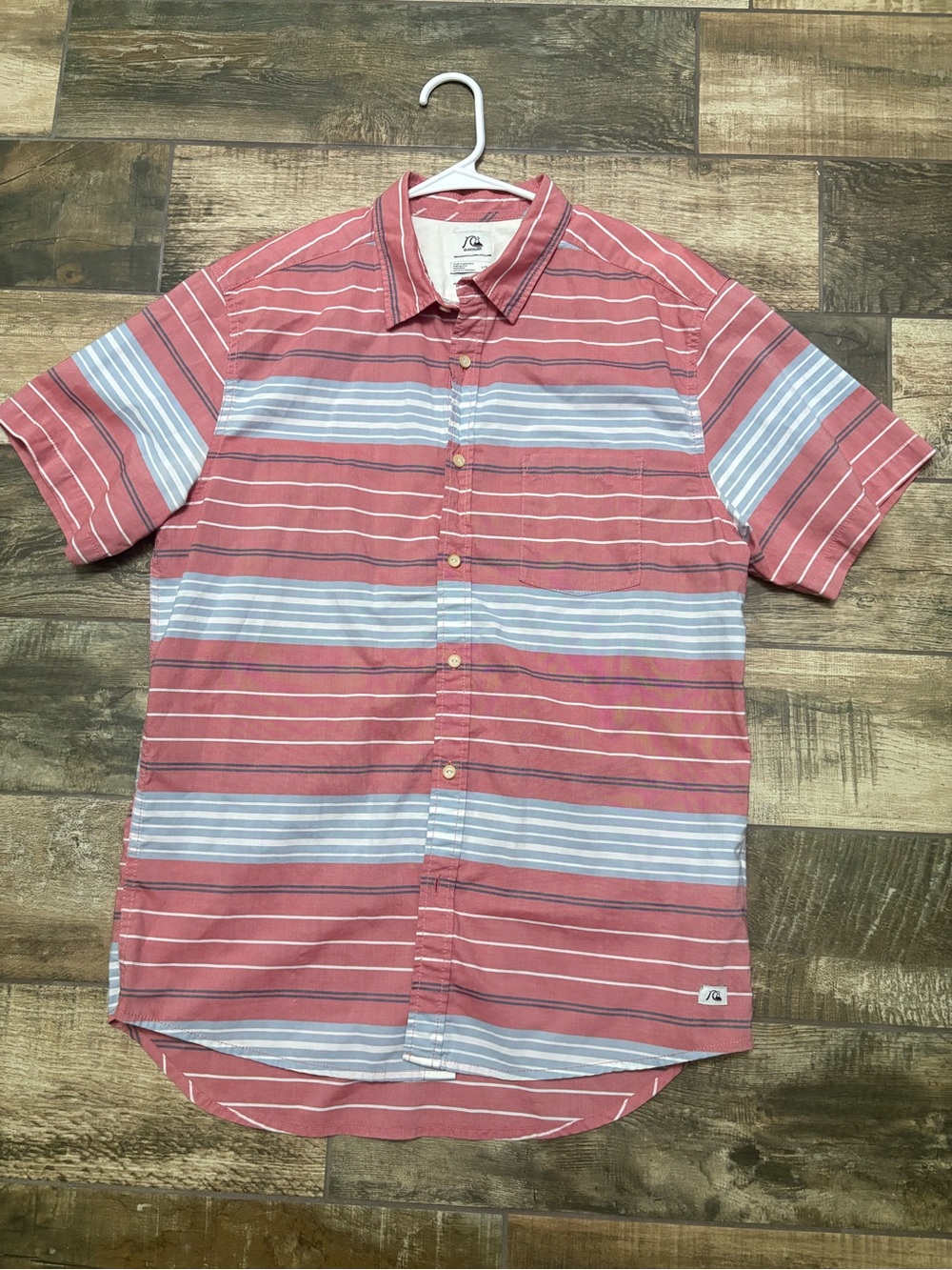 Quiksilver Coral and Light Blue Striped Short Sleeve Button-Down Shirt
